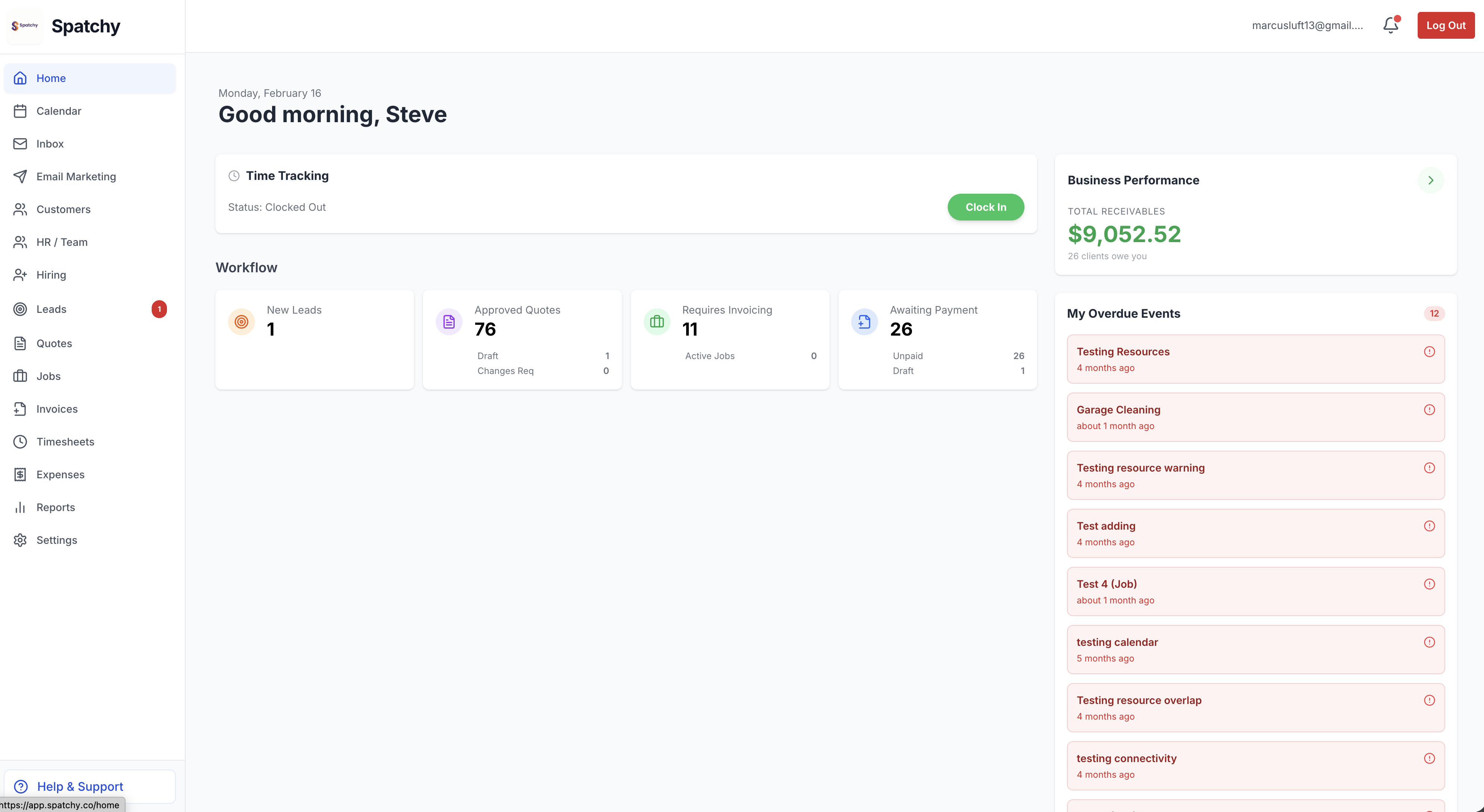 Spatchy dashboard showing the weekly job schedule, crew assignments, and invoicing for a field service business
