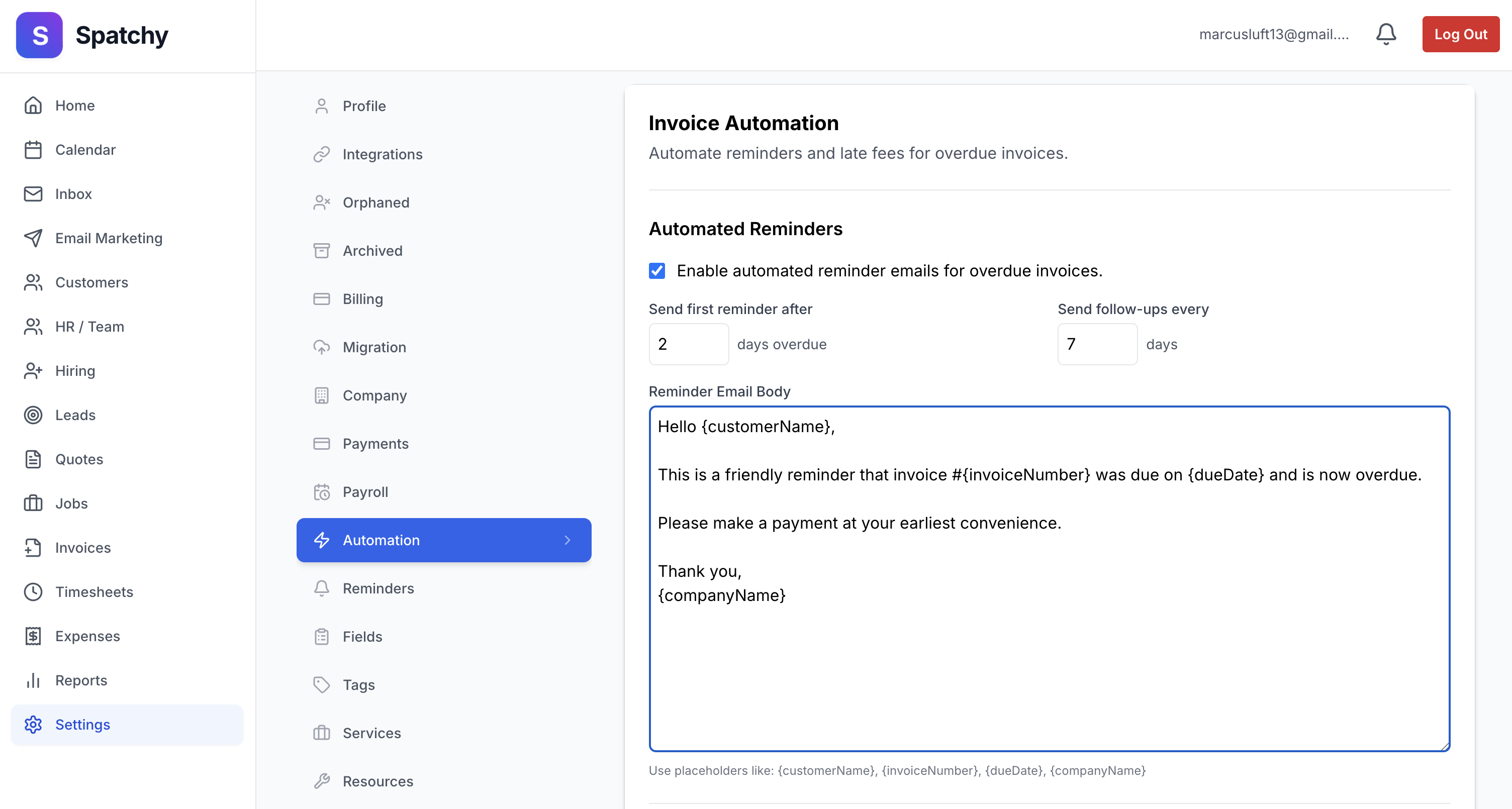 2. Customizable reminder email