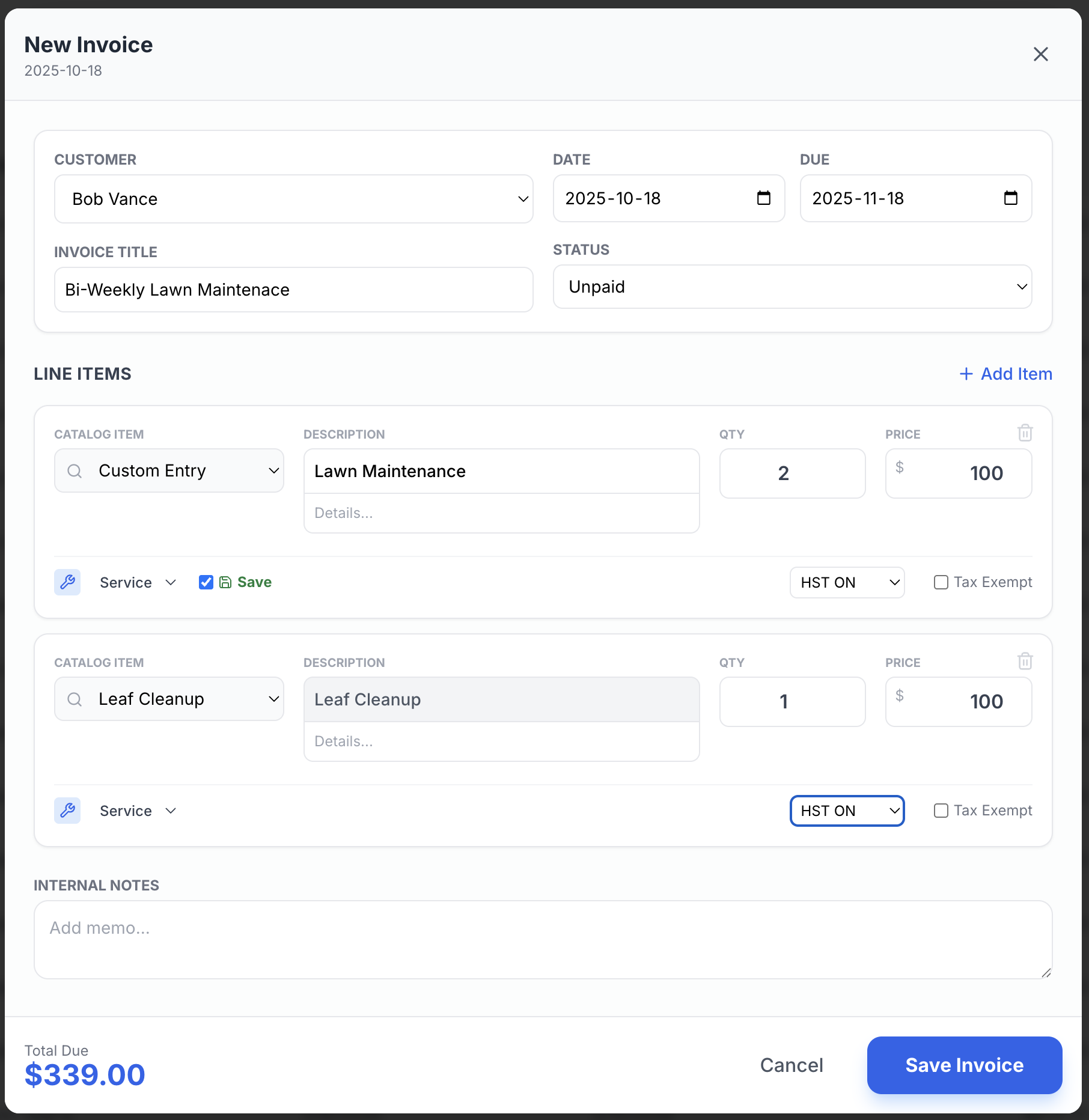 Finance & Invoicing Screenshot